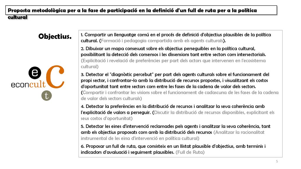 Proposta metodològica per a la fase de participació en la definició d un full de ruta per a la política cultural