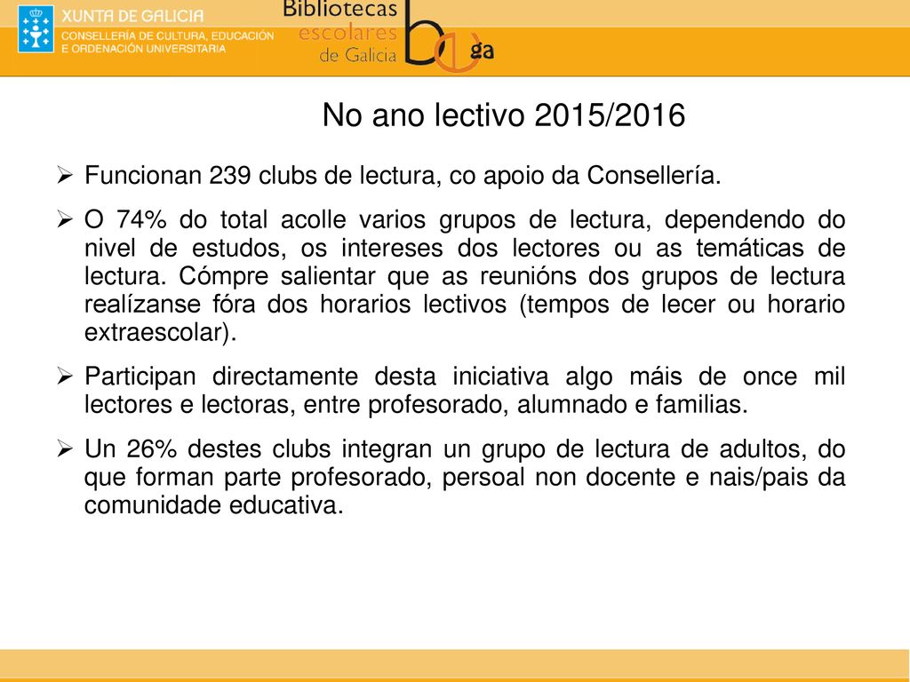 No ano lectivo 2015/2016 Funcionan 239 clubs de lectura, co apoio da Consellería.