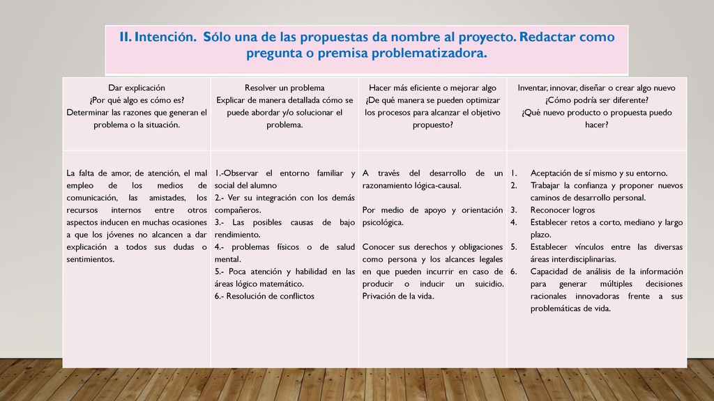 II. Intención. Sólo una de las propuestas da nombre al proyecto