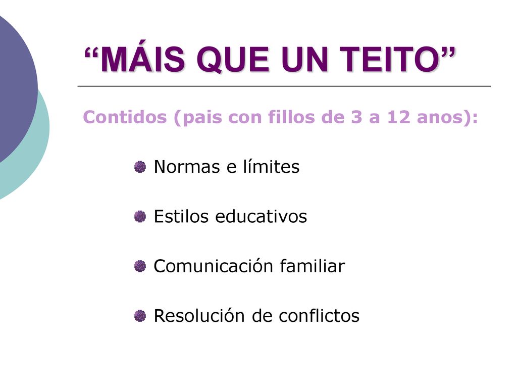MÁIS QUE UN TEITO Contidos (pais con fillos de 3 a 12 anos):