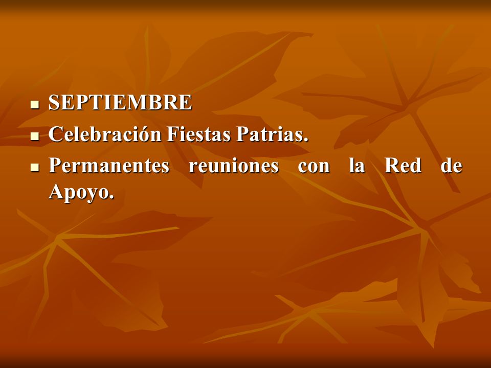 SEPTIEMBRE Celebración Fiestas Patrias. Permanentes reuniones con la Red de Apoyo.