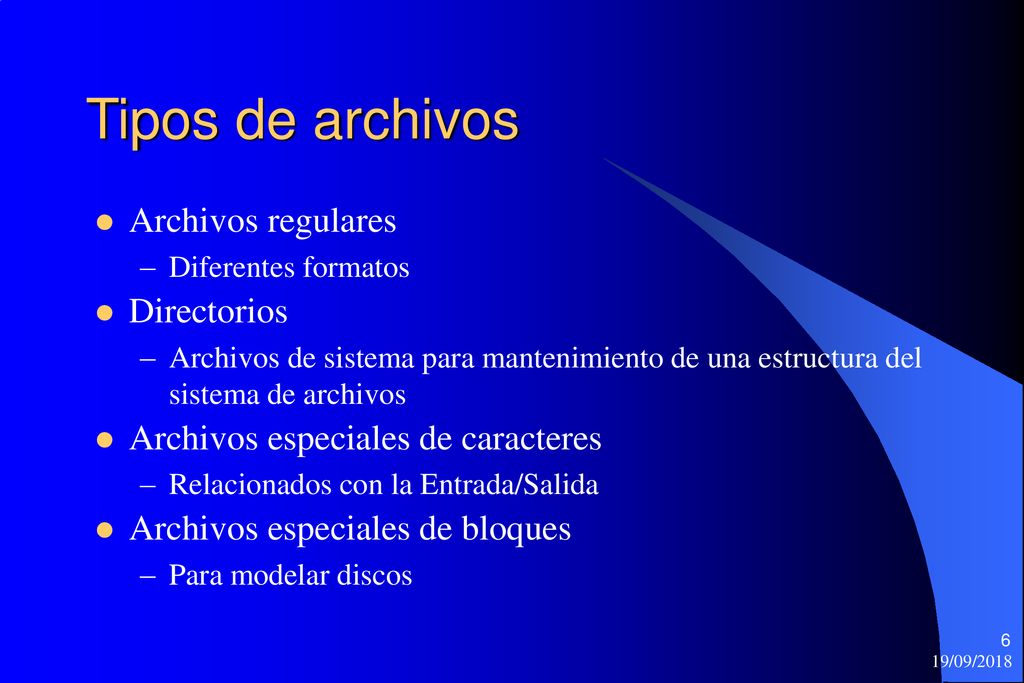 Tipos de archivos Archivos regulares Directorios