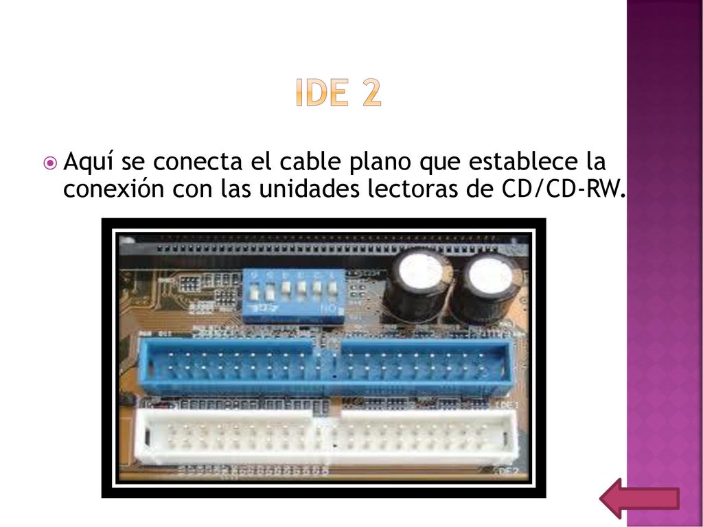 IDE 2 Aquí se conecta el cable plano que establece la conexión con las unidades lectoras de CD/CD-RW.