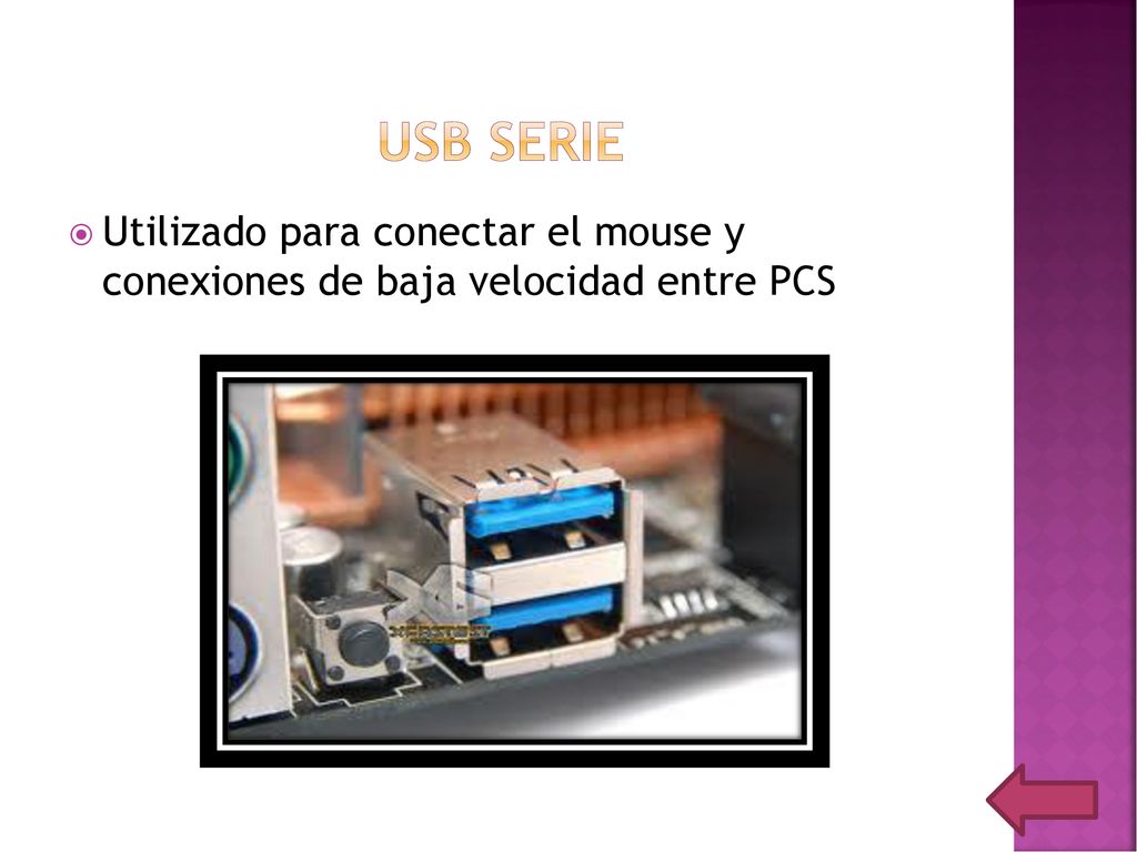 USB SERIE Utilizado para conectar el mouse y conexiones de baja velocidad entre PCS