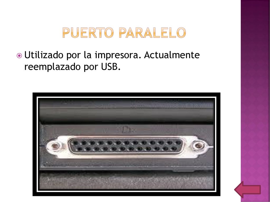 PUERTO PARALELO Utilizado por la impresora. Actualmente reemplazado por USB.