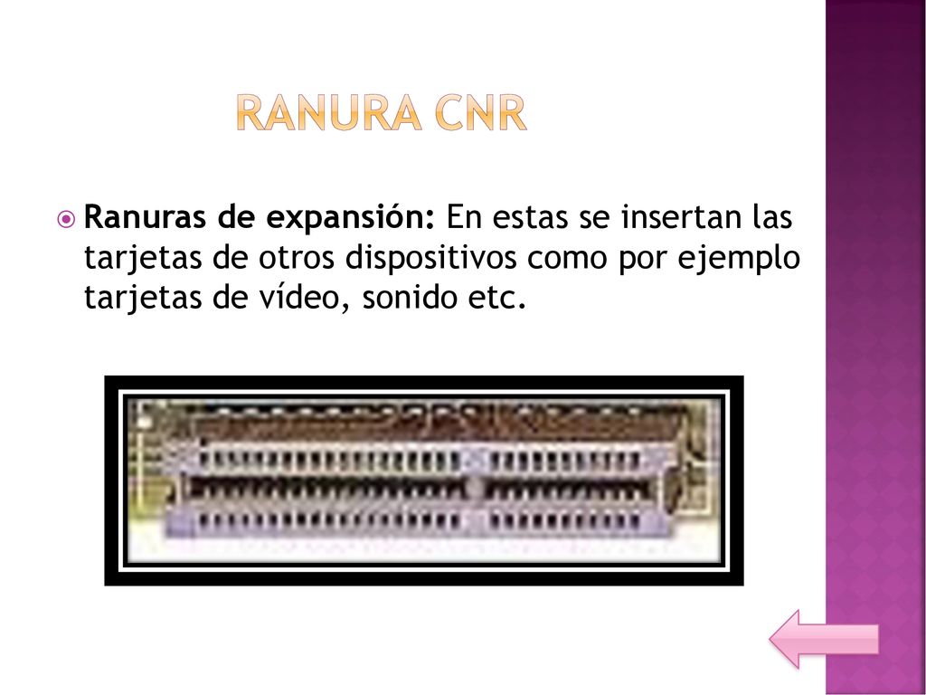 RANURA CNR Ranuras de expansión: En estas se insertan las tarjetas de otros dispositivos como por ejemplo tarjetas de vídeo, sonido etc.
