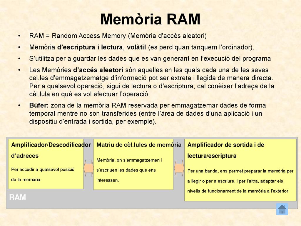 Memòria RAM RAM RAM = Random Access Memory (Memòria d’accés aleatori)