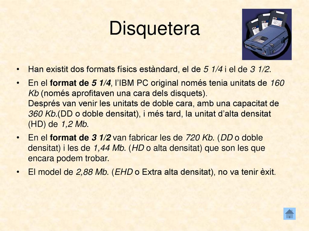 Disquetera Han existit dos formats físics estàndard, el de 5 1/4 i el de 3 1/2.