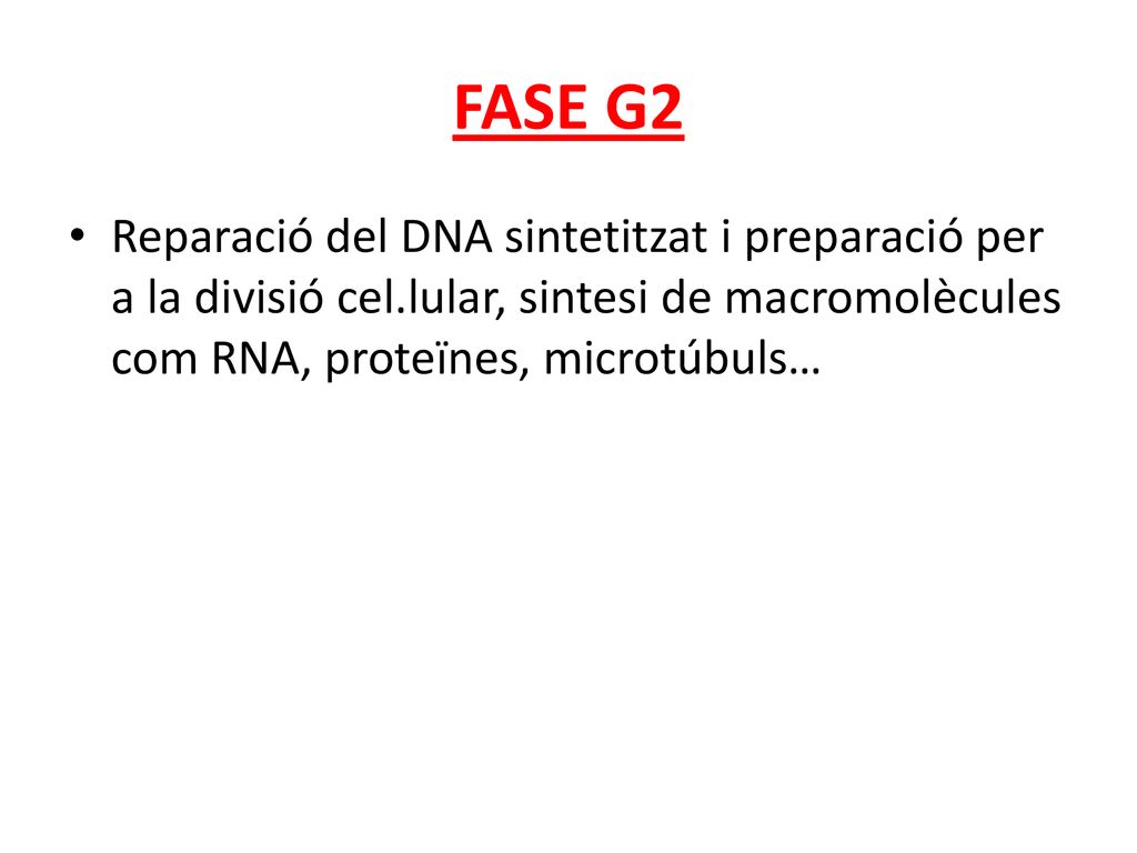 FASE G2 Reparació del DNA sintetitzat i preparació per a la divisió cel.lular, sintesi de macromolècules com RNA, proteïnes, microtúbuls…