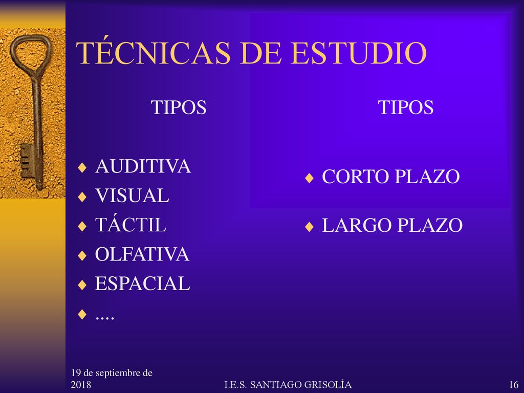 TÉCNICAS DE ESTUDIO TIPOS AUDITIVA VISUAL TÁCTIL OLFATIVA ESPACIAL