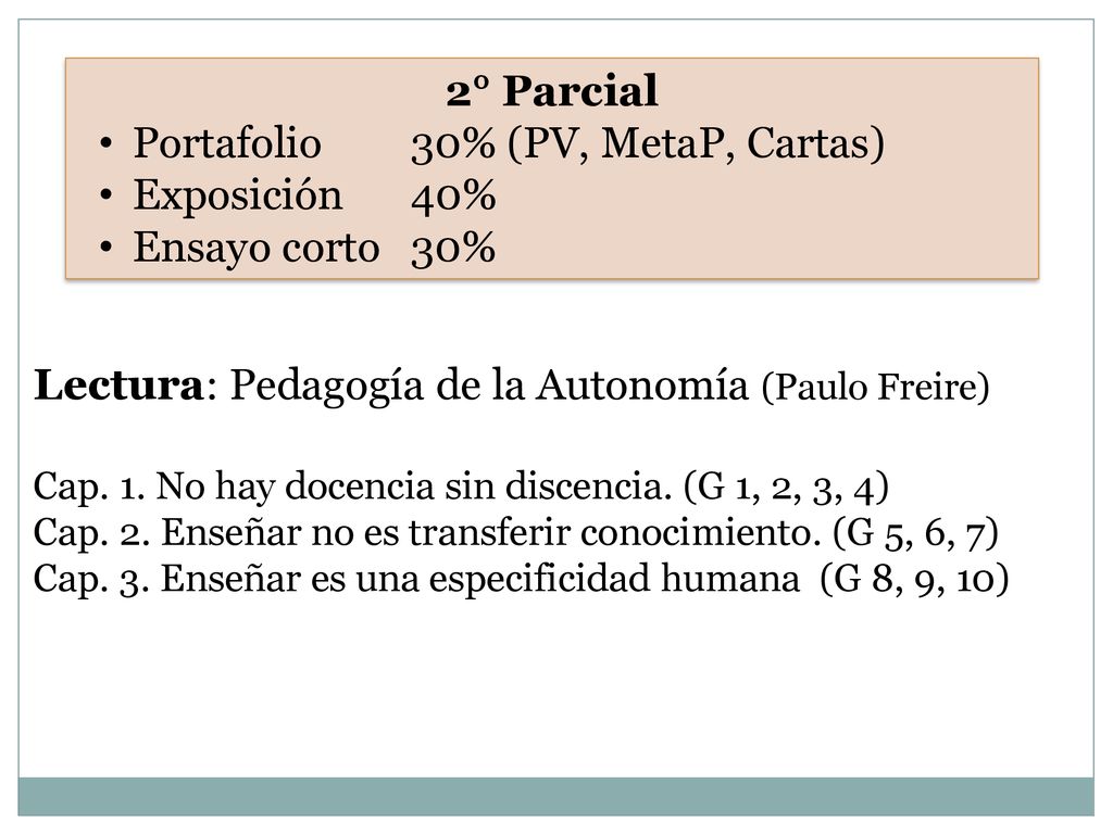 Portafolio 30% (PV, MetaP, Cartas) Exposición 40% Ensayo corto 30%