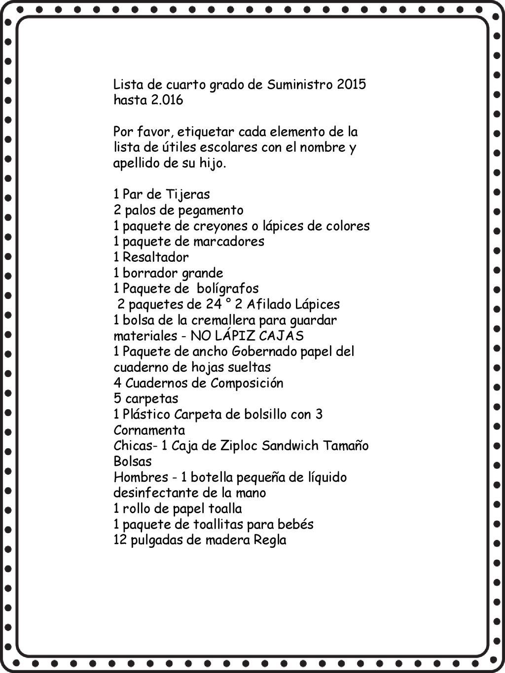 Lista de cuarto grado de Suministro 2015 hasta 2.016