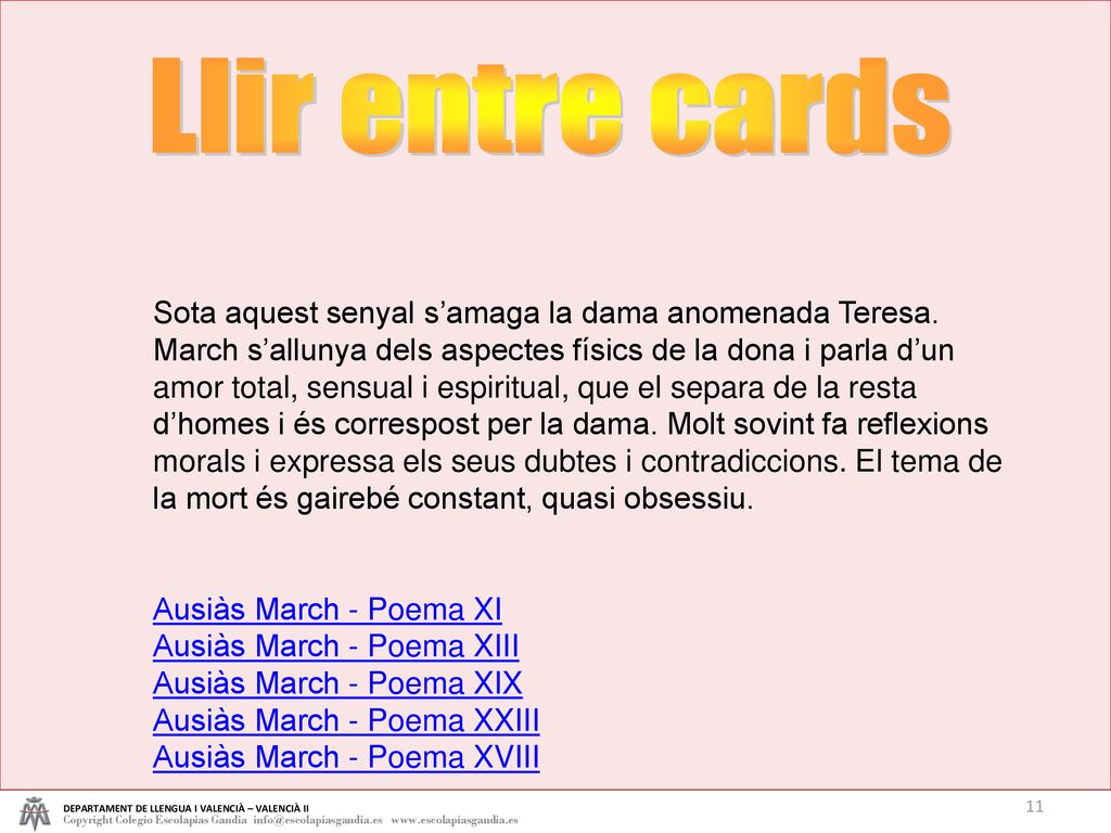 Llir entre cards DEPARTAMENT DE LLENGUA I VALENCIÀ – VALENCIÀ II.