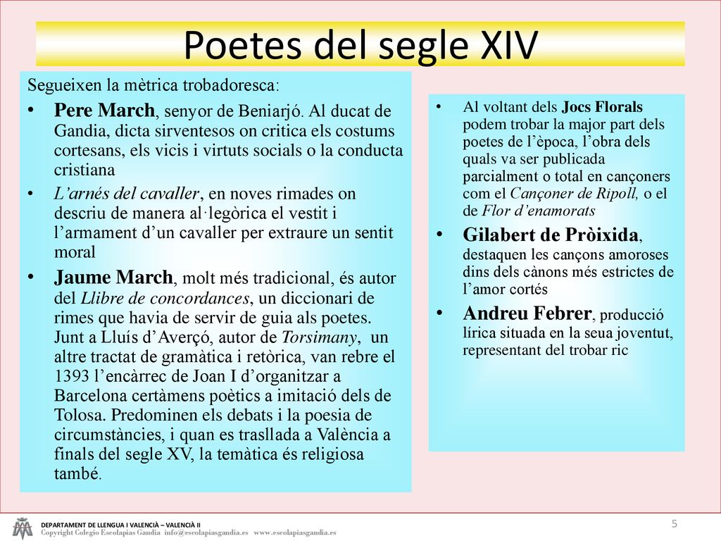 Poetes del segle XIV DEPARTAMENT DE LLENGUA I VALENCIÀ – VALENCIÀ II.