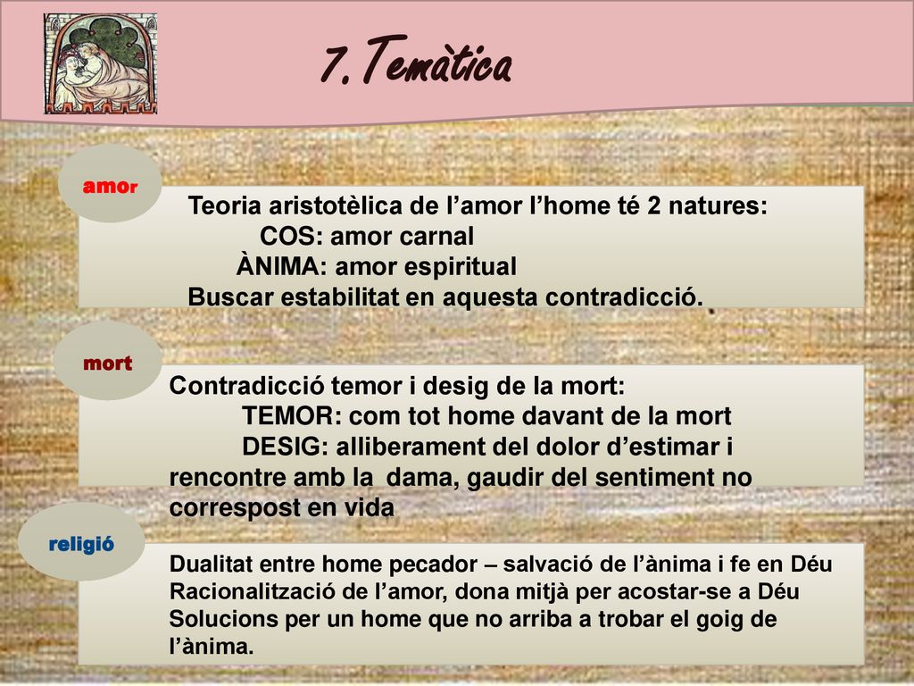7.Temàtica Teoria aristotèlica de l’amor l’home té 2 natures: