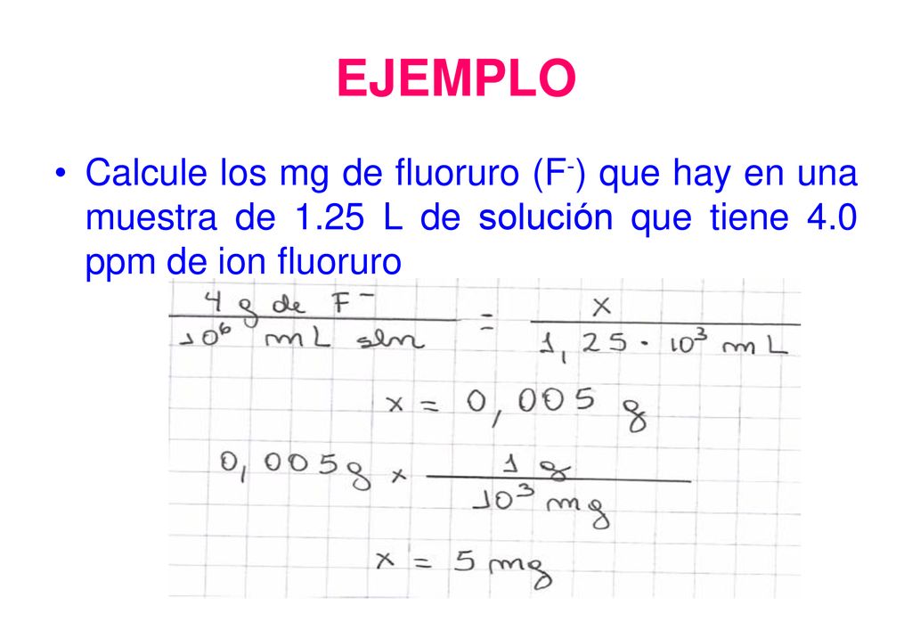 EJEMPLO Calcule los mg de fluoruro (F-) que hay en una muestra de 1.25 L de solución que tiene 4.0 ppm de ion fluoruro.