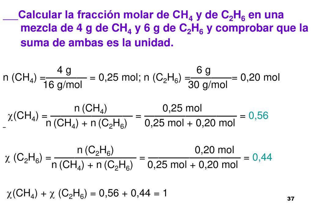 Calcular la fracción molar de CH4 y de C2H6 en una mezcla de 4 g de CH4 y 6 g de C2H6 y comprobar que la suma de ambas es la unidad.