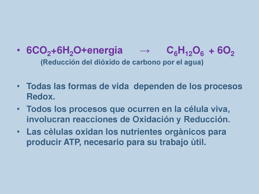 6CO2+6H2O+energía → C6H12O6 + 6O2 (Reducción del dióxido de carbono por el agua)