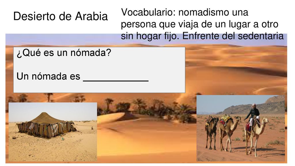 Vocabulario: nomadismo una persona que viaja de un lugar a otro sin hogar fijo. Enfrente del sedentaria