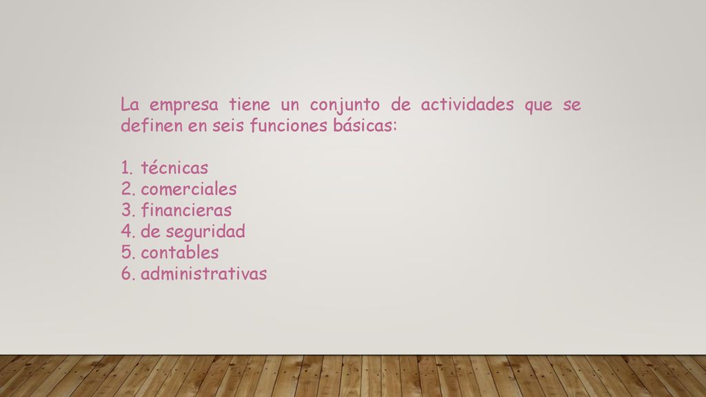 La empresa tiene un conjunto de actividades que se definen en seis funciones básicas: