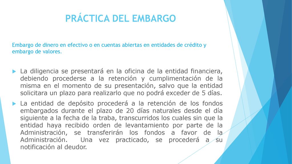 PRÁCTICA DEL EMBARGO Embargo de dinero en efectivo o en cuentas abiertas en entidades de crédito y embargo de valores.