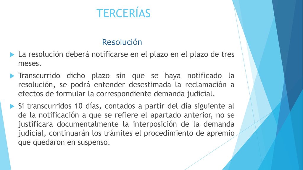 TERCERÍAS Resolución. La resolución deberá notificarse en el plazo en el plazo de tres meses.