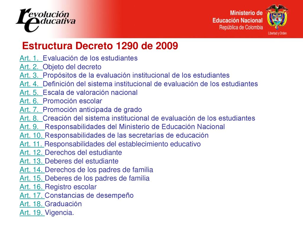 Estructura Decreto 1290 de 2009 Art. 1. Evaluación de los estudiantes