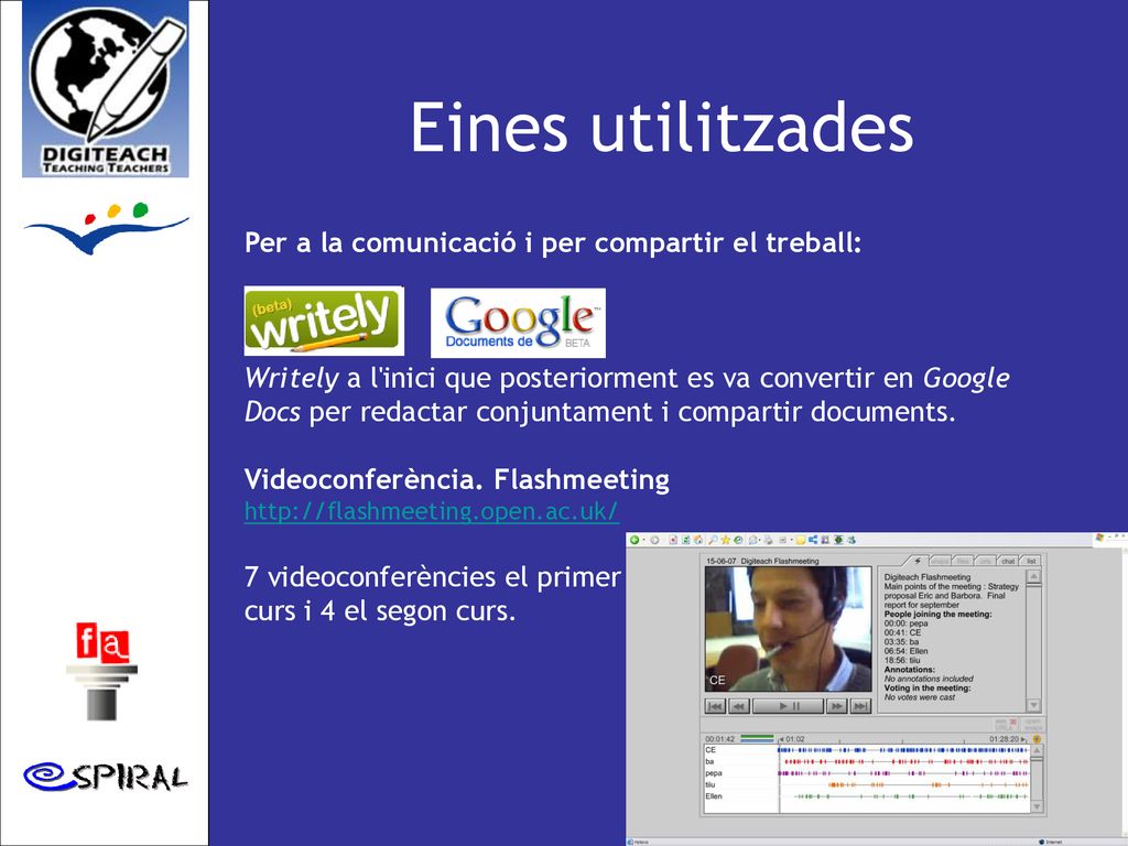 Eines utilitzades Per a la comunicació i per compartir el treball: