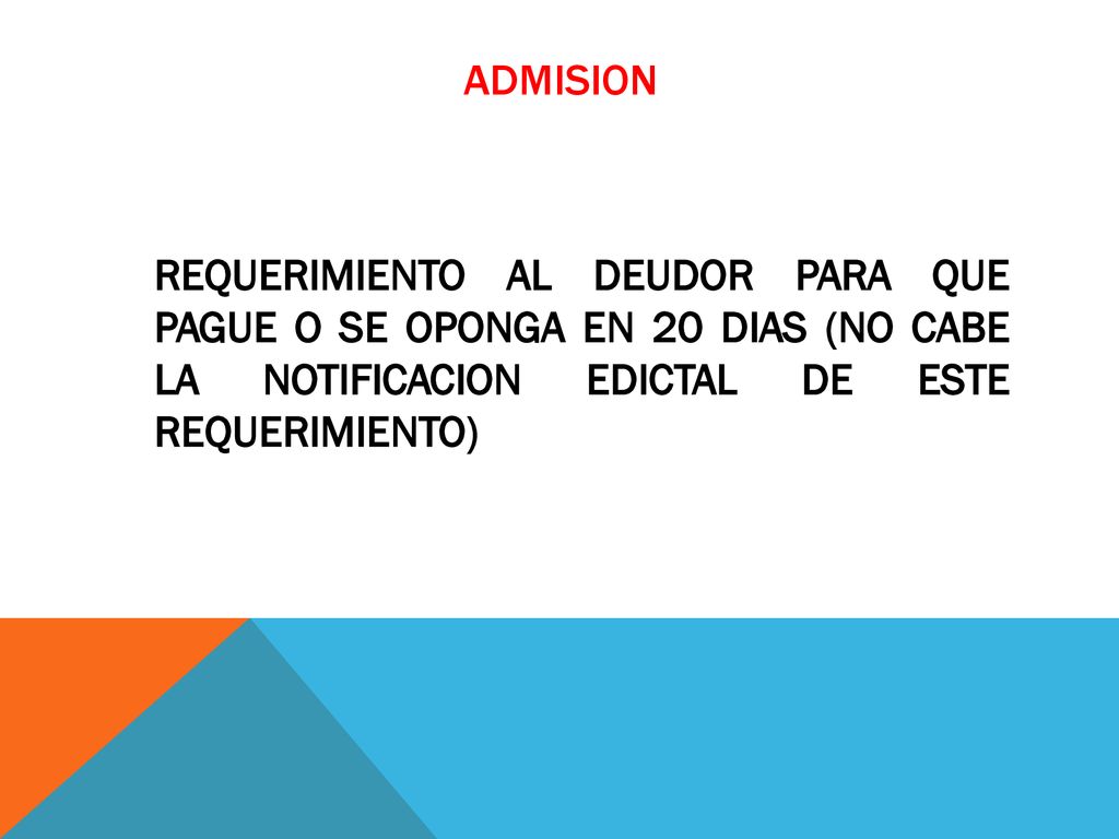 ADMISION REQUERIMIENTO AL DEUDOR PARA QUE PAGUE O SE OPONGA EN 20 DIAS (NO CABE LA NOTIFICACION EDICTAL DE ESTE REQUERIMIENTO)