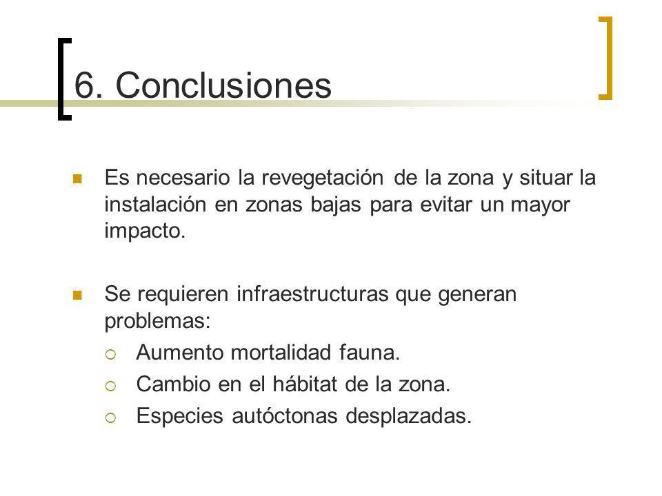 6. Conclusiones Es necesario la revegetación de la zona y situar la instalación en zonas bajas para evitar un mayor impacto.