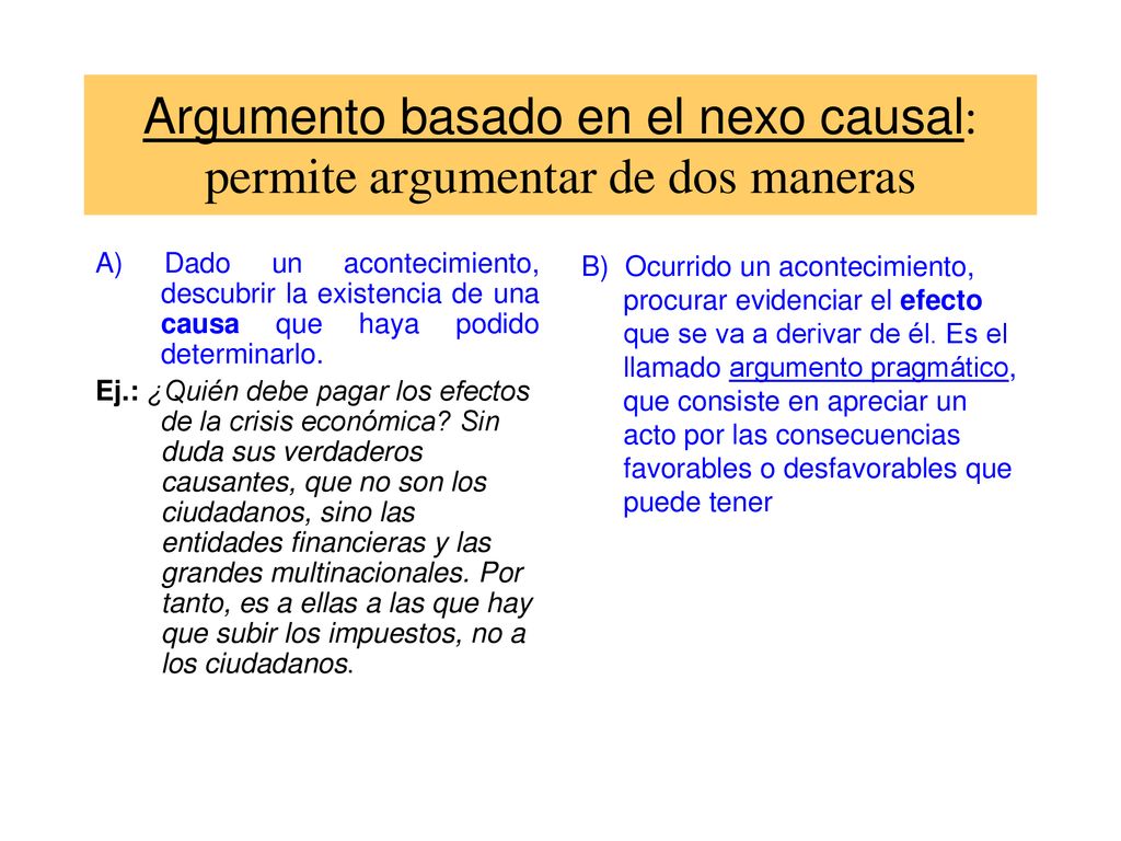 Argumento basado en el nexo causal: permite argumentar de dos maneras