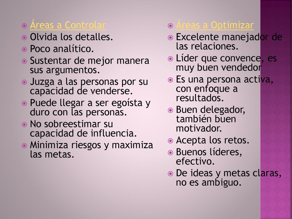 Áreas a Controlar Olvida los detalles. Poco analítico. Sustentar de mejor manera sus argumentos.