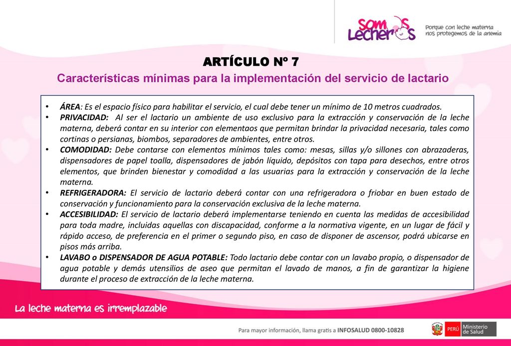 ARTÍCULO Nº 7 Características mínimas para la implementación del servicio de lactario.