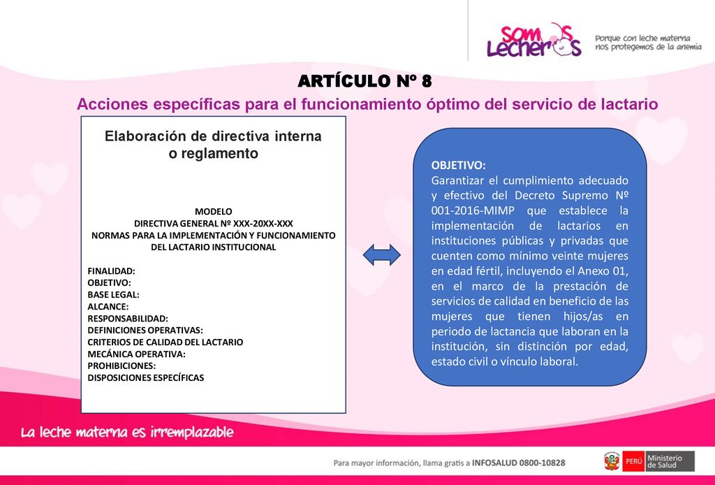 ARTÍCULO Nº 8 Acciones específicas para el funcionamiento óptimo del servicio de lactario. MODELO.