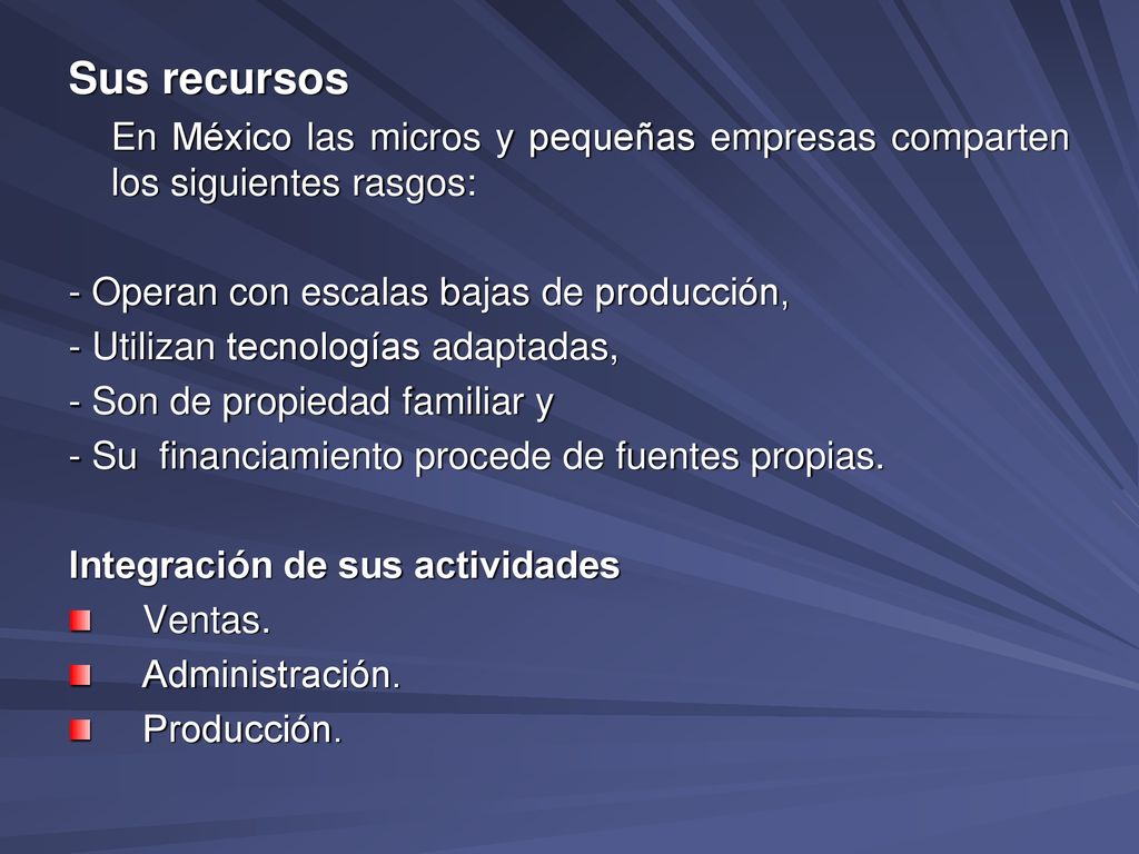 Sus recursos En México las micros y pequeñas empresas comparten los siguientes rasgos: - Operan con escalas bajas de producción,