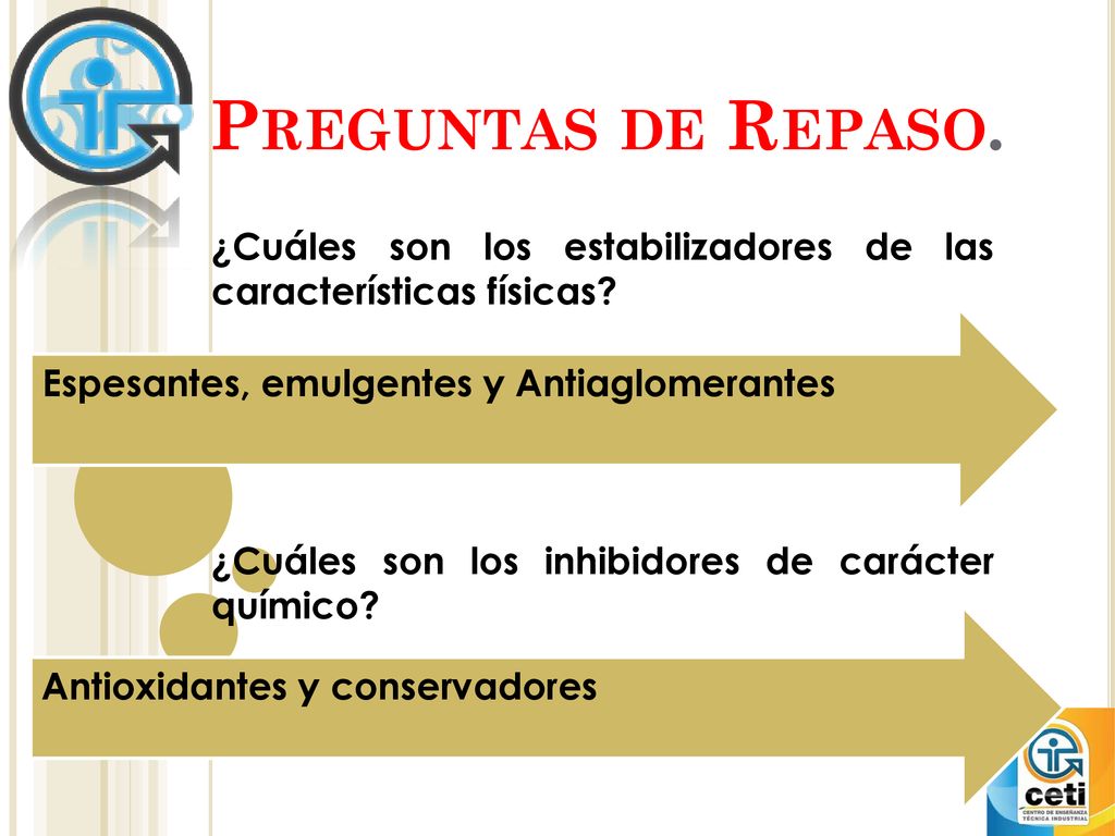 Preguntas de Repaso. ¿Cuáles son los estabilizadores de las características físicas ¿Cuáles son los inhibidores de carácter químico