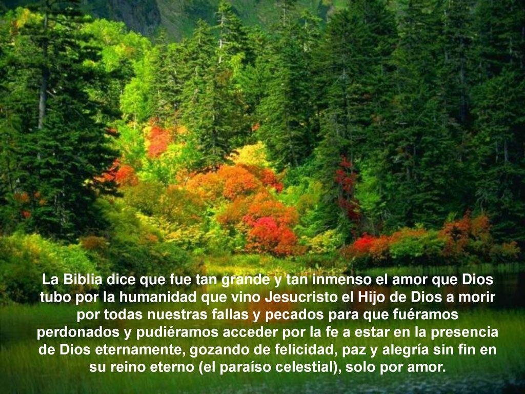 La Biblia dice que fue tan grande y tan inmenso el amor que Dios tubo por la humanidad que vino Jesucristo el Hijo de Dios a morir por todas nuestras fallas y pecados para que fuéramos perdonados y pudiéramos acceder por la fe a estar en la presencia de Dios eternamente, gozando de felicidad, paz y alegría sin fin en su reino eterno (el paraíso celestial), solo por amor.