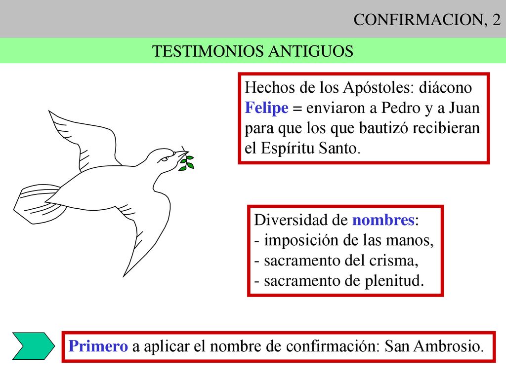 CONFIRMACION, 2 TESTIMONIOS ANTIGUOS. Hechos de los Apóstoles: diácono. Felipe = enviaron a Pedro y a Juan.