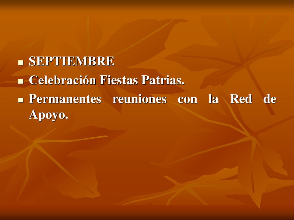 SEPTIEMBRE Celebración Fiestas Patrias. Permanentes reuniones con la Red de Apoyo.