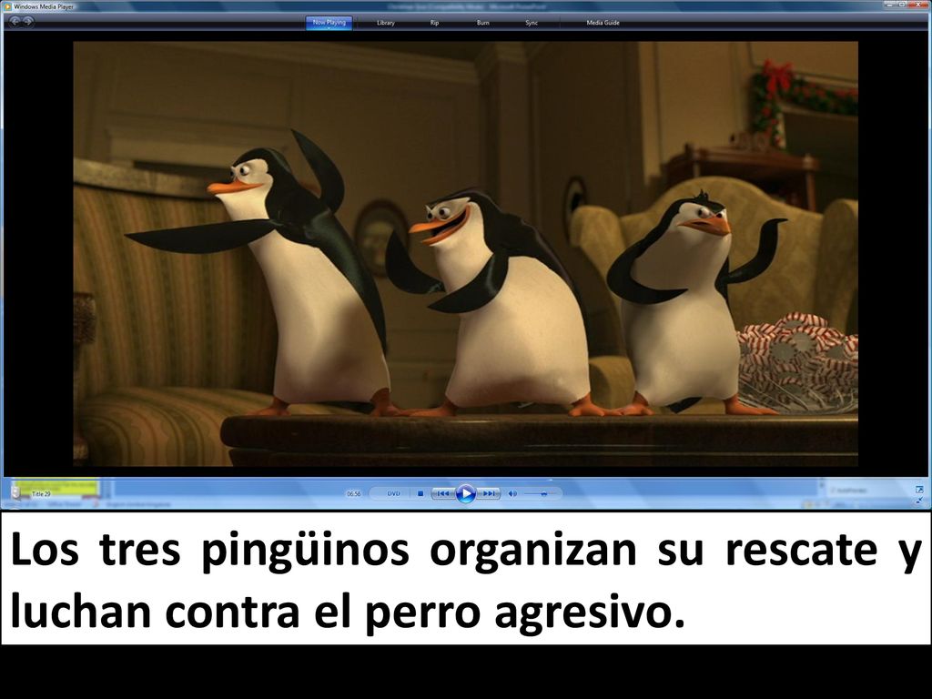 Los tres pingüinos organizan su rescate y luchan contra el perro agresivo.