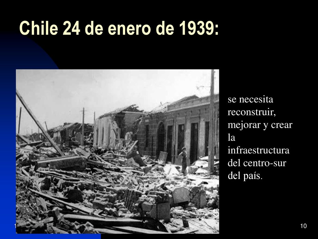 Chile 24 de enero de 1939: se necesita reconstruir, mejorar y crear la infraestructura del centro-sur del país.