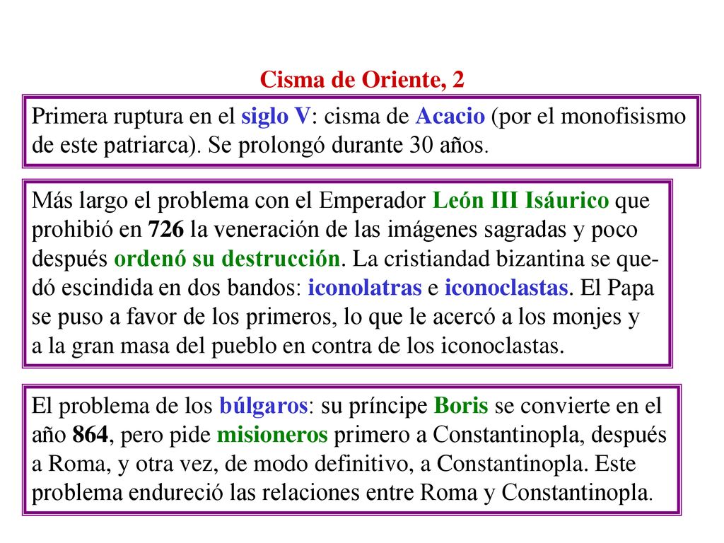 Cisma de Oriente, 2 Primera ruptura en el siglo V: cisma de Acacio (por el monofisismo. de este patriarca). Se prolongó durante 30 años.