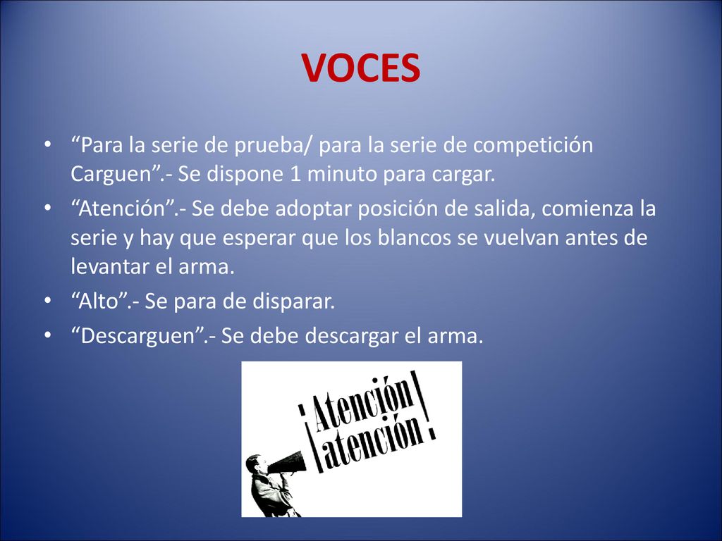 VOCES Para la serie de prueba/ para la serie de competición Carguen .- Se dispone 1 minuto para cargar.