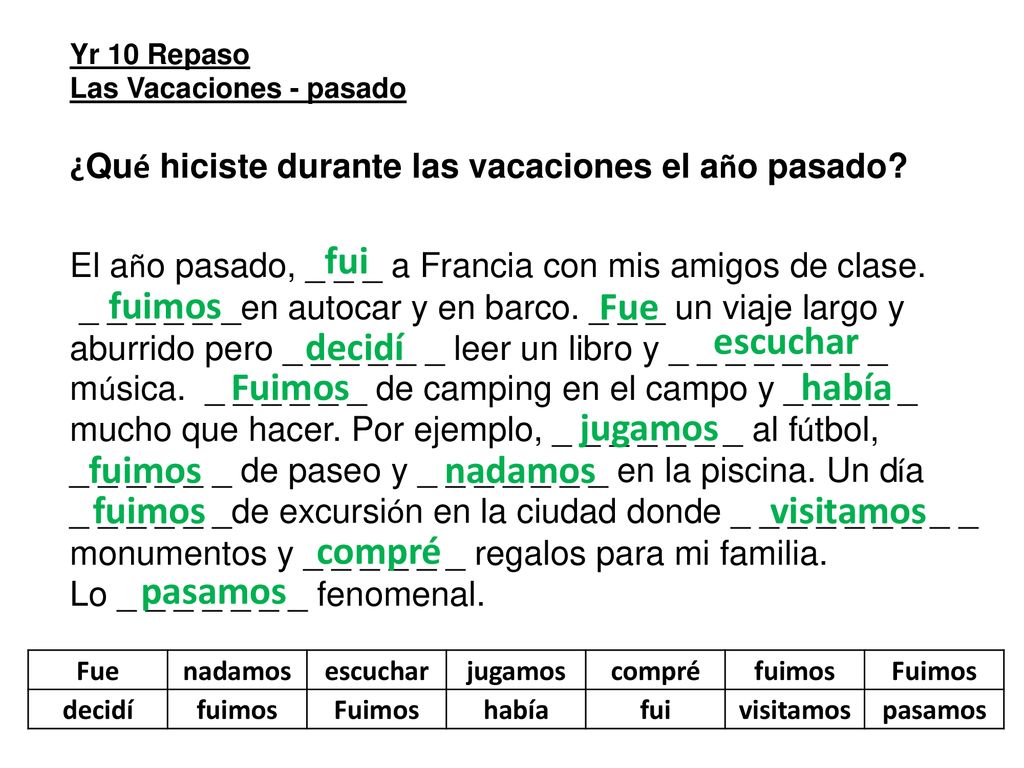 fui fuimos Fue decidí escuchar Fuimos había jugamos fuimos nadamos
