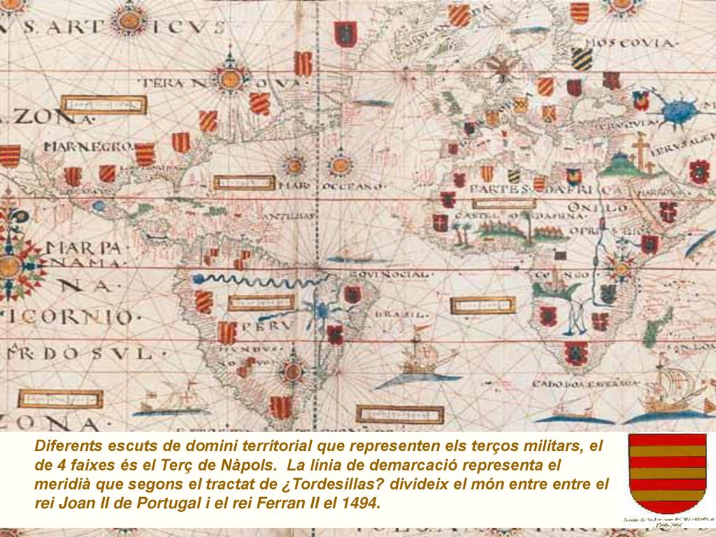 Diferents escuts de domini territorial que representen els terços militars, el de 4 faixes és el Terç de Nàpols.