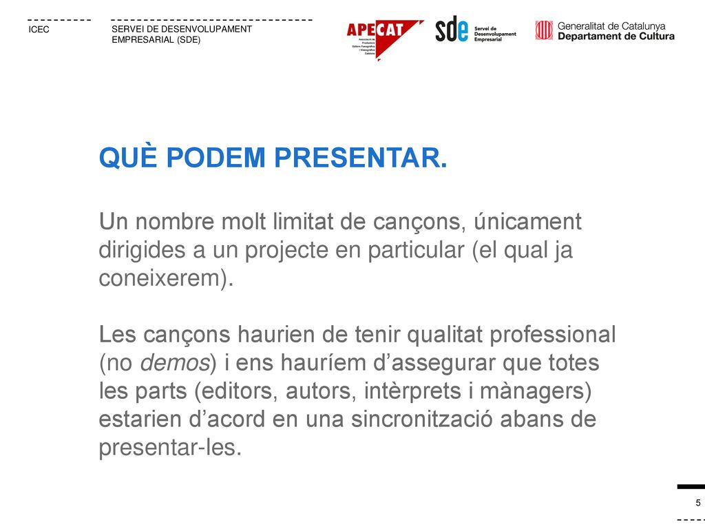 QUÈ PODEM PRESENTAR. Un nombre molt limitat de cançons, únicament dirigides a un projecte en particular (el qual ja coneixerem).