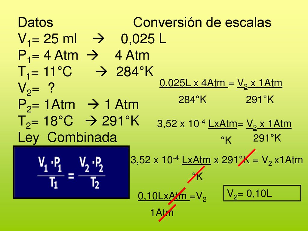 Datos Conversión de escalas V1= 25 ml  0,025 L P1= 4 Atm  4 Atm