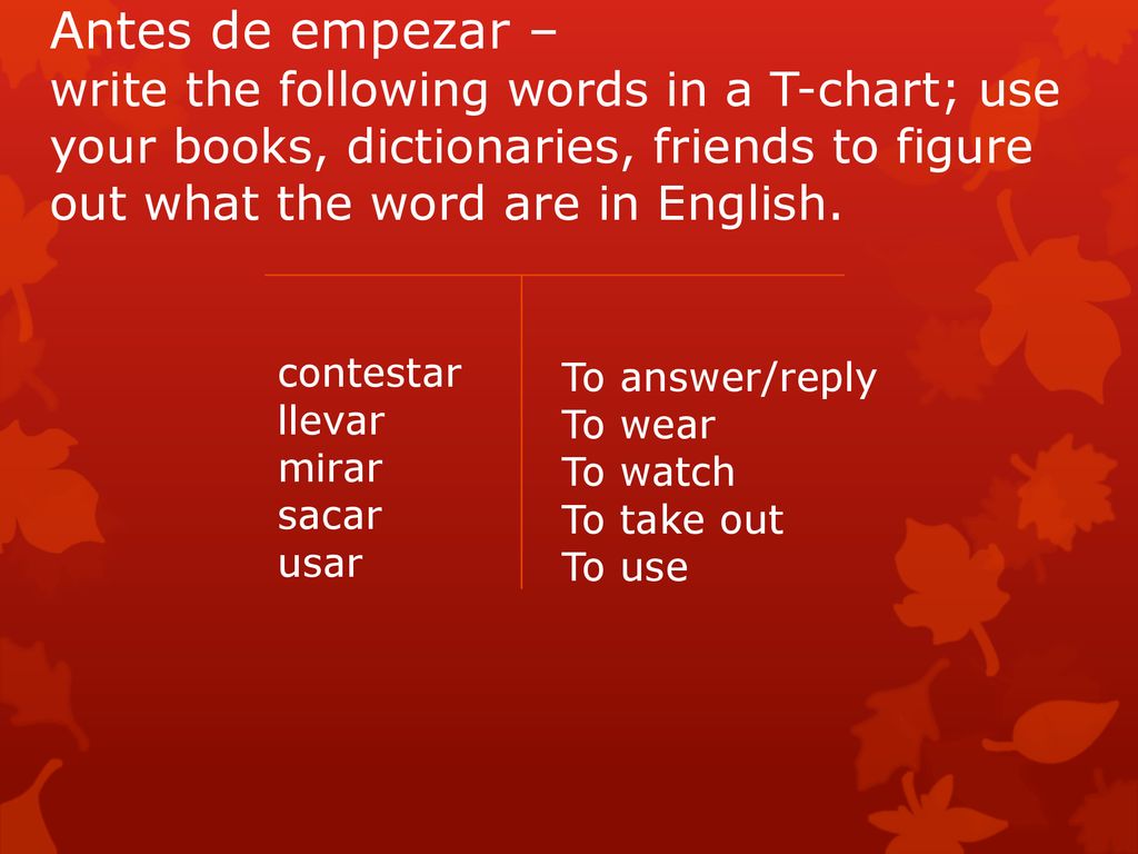 Antes de empezar – write the following words in a T-chart; use your books, dictionaries, friends to figure out what the word are in English.