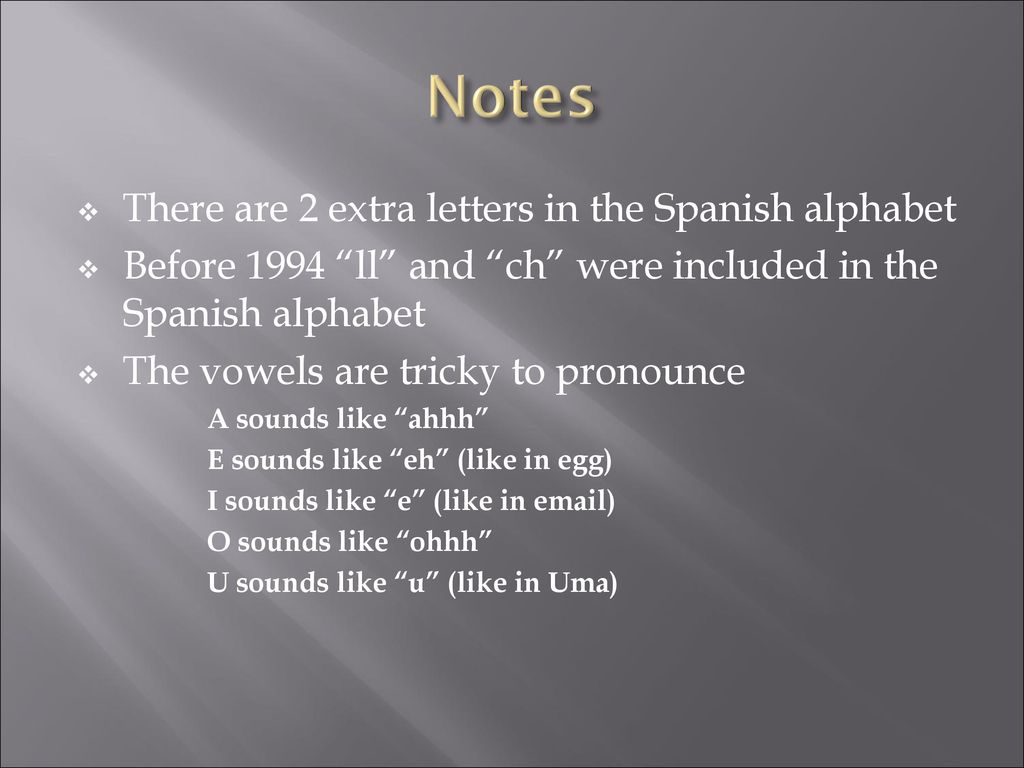 Notes There are 2 extra letters in the Spanish alphabet