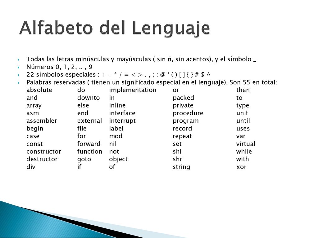 Alfabeto del Lenguaje Todas las letras minúsculas y mayúsculas ( sin ñ, sin acentos), y el símbolo _.